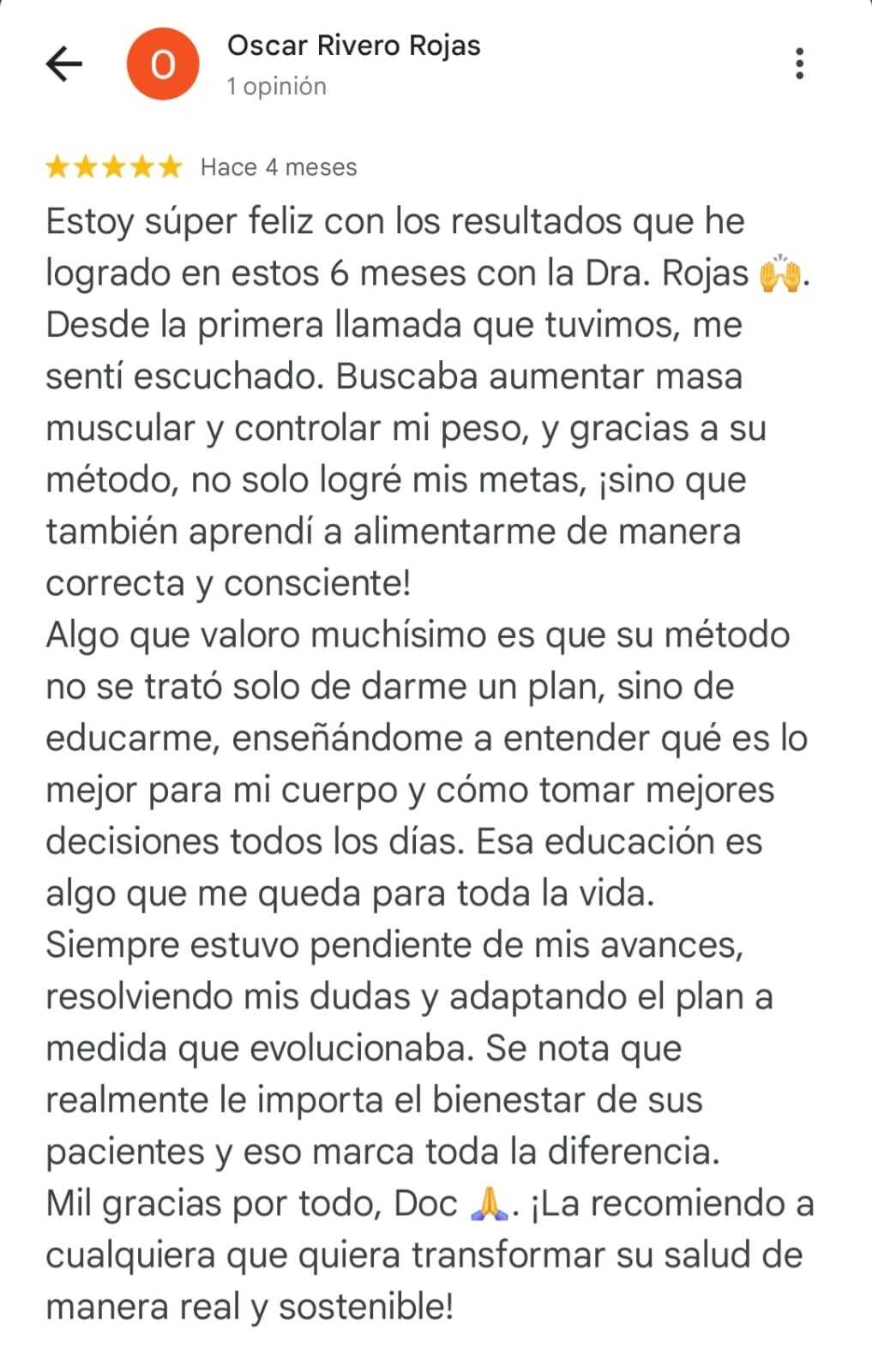 Mensaje de una paciente de la Dra. Rosario Rojas